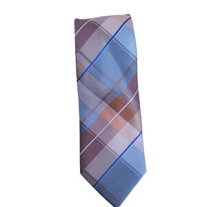 John Sparks Mens Plaid Necktie Blue Brown Tan Check Woven Silk Tie
